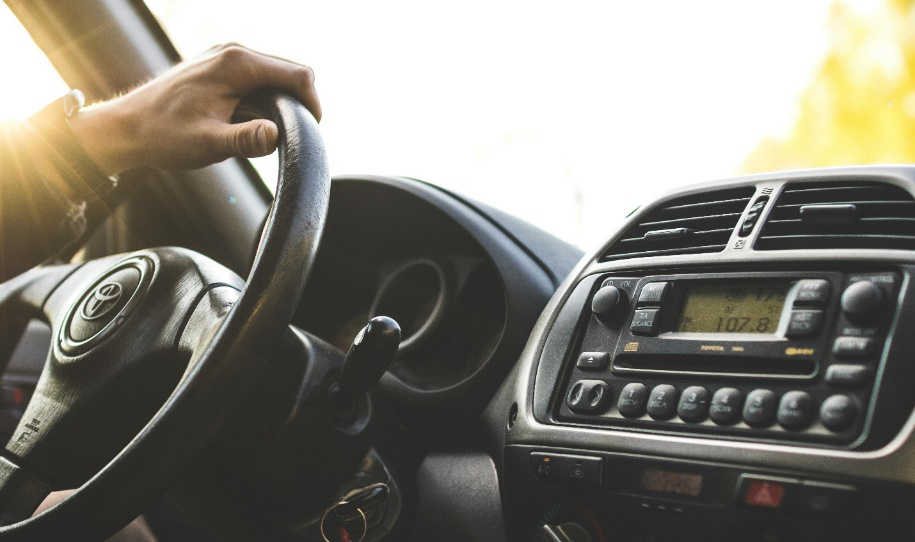 View of steering wheel, and head unit.