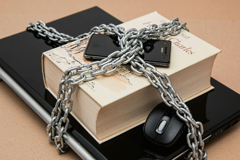 smartphone-book - Law Office of Robert M. Maurer II & Associates - Law Office of Robert M. Maurer II & Associates A photo showing a laptop, book, and smartphone locked in a chain
