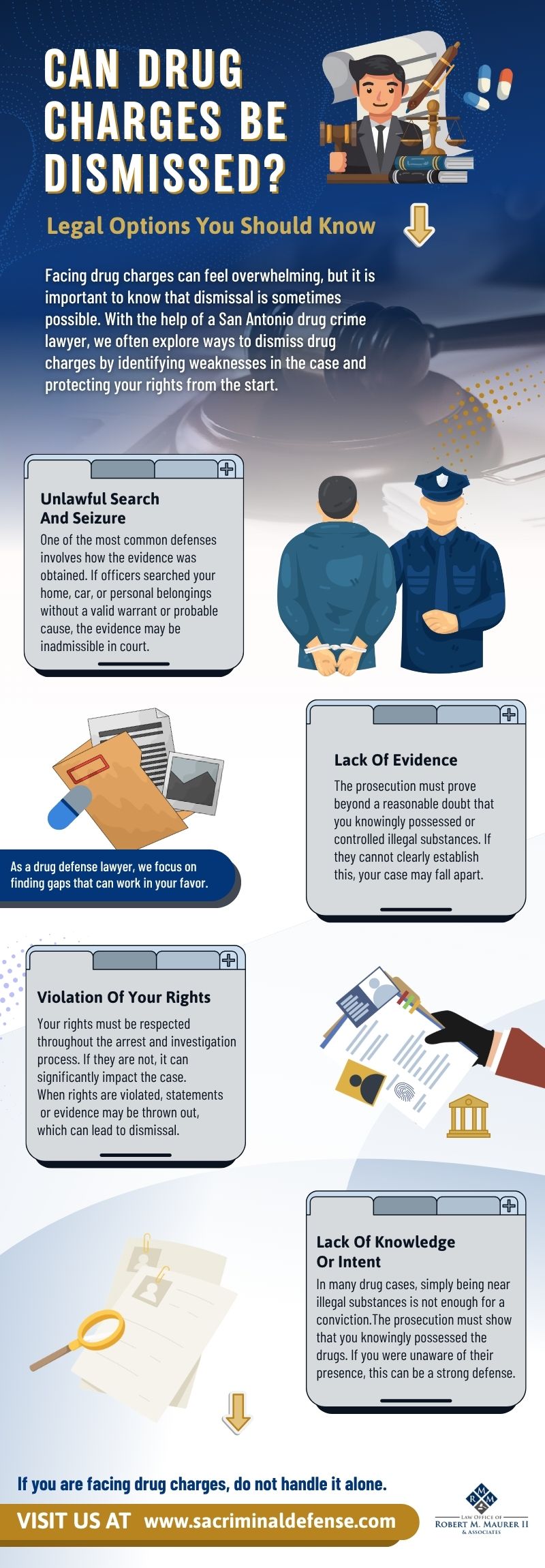 Infographic explaining legal defenses for drug charges dismissal, including unlawful search and seizure, lack of evidence, violation of rights, and lack of knowledge or intent, helping individuals understand possible ways to challenge charges.
