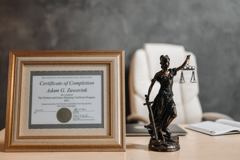 defense-lawyer - Law Office of Robert M. Maurer II & Associates - Law Office of Robert M. Maurer II & Associates A certificate and a Lady of Justice statue on a table